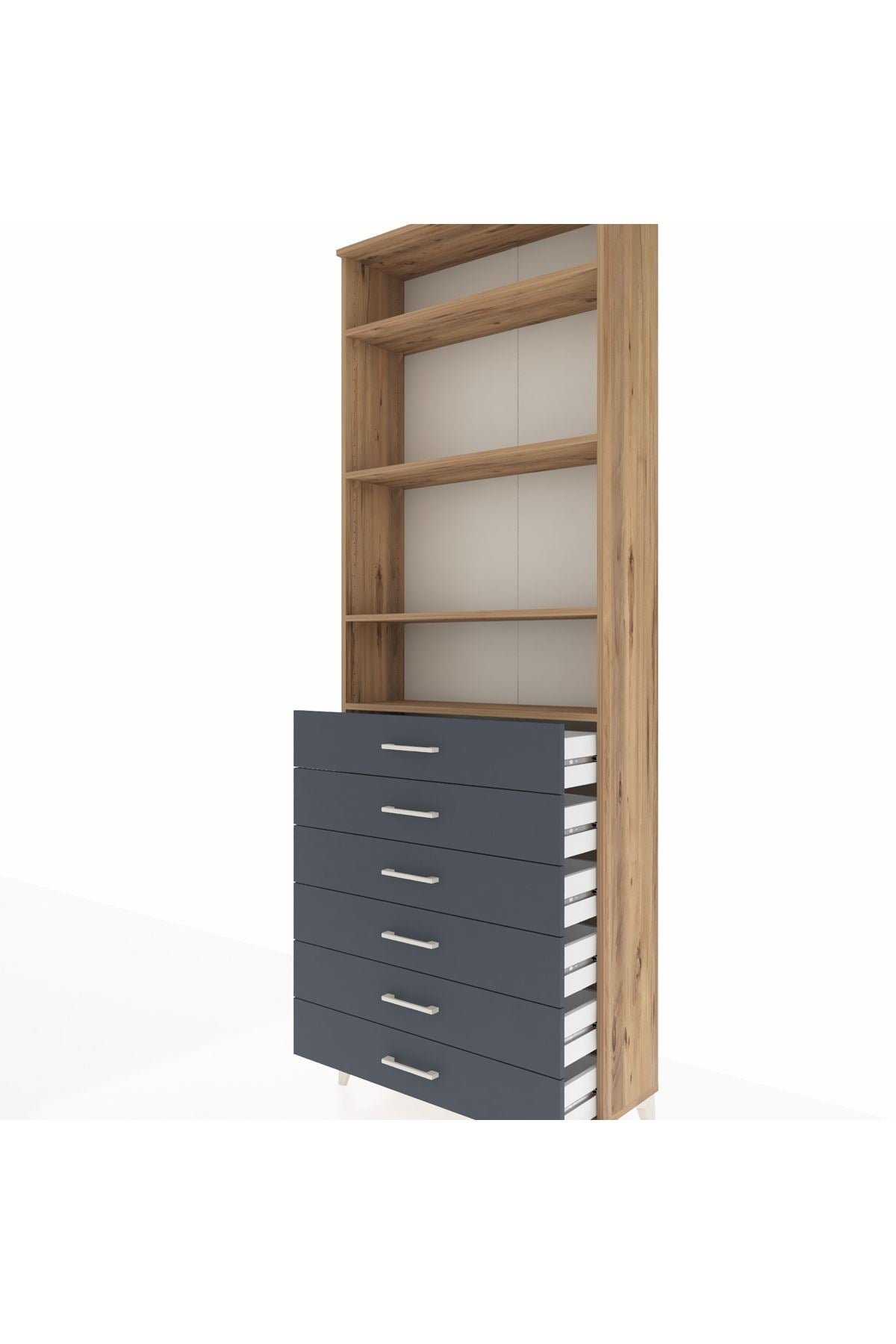 Arges Dolap 4 Raflı 6 Çekmeceli 88x30x243 Çam-Antrasit