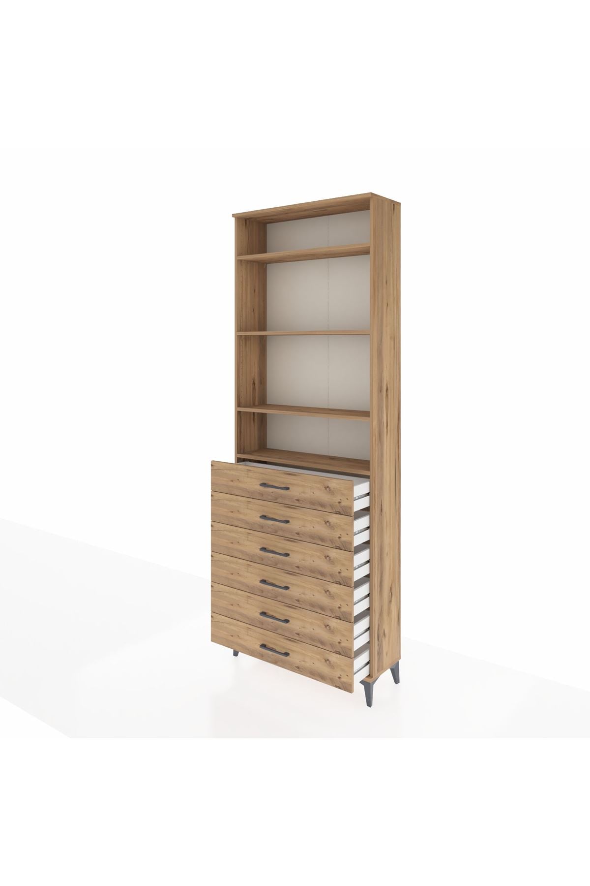 Arges Dolap 4 Raflı 6 Çekmeceli 88x30x243 Çam-Çam