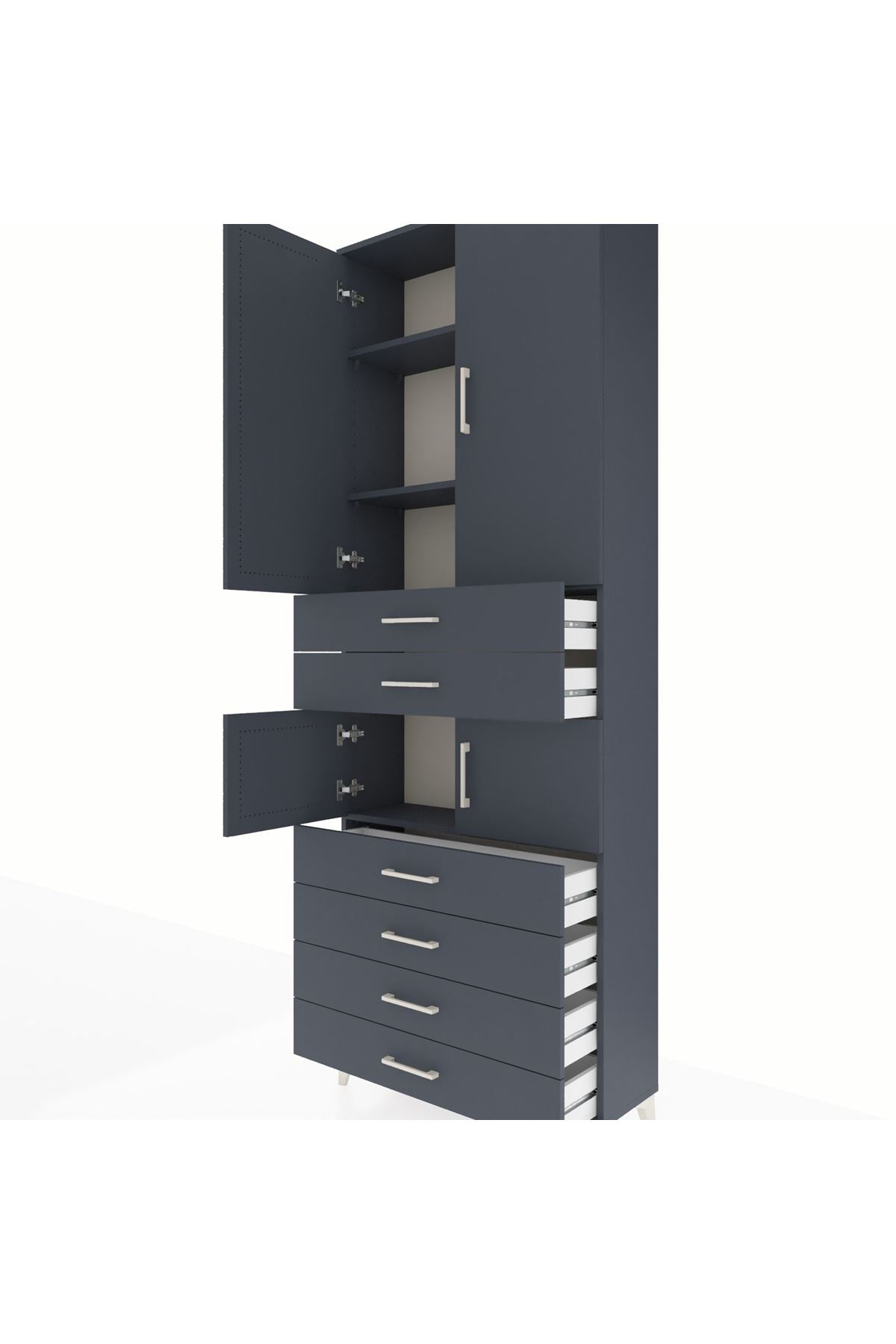 Arges Dolap 4 Raflı 6 Çekmeceli 4 Kapaklı 88x30x243 Antrasit-Antrasit