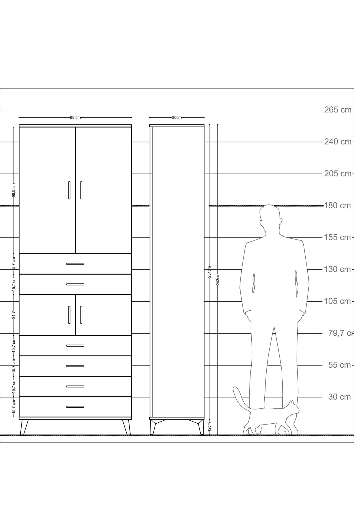 Arges Dolap 4 Raflı 6 Çekmeceli 4 Kapaklı 88x30x243 Antrasit-Antrasit