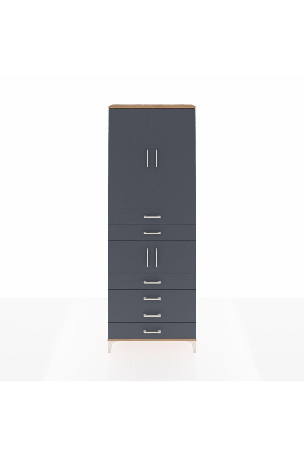 Arges Dolap 4 Raflı 6 Çekmeceli 4 Kapaklı 88x30x243 Çam-Antrasit