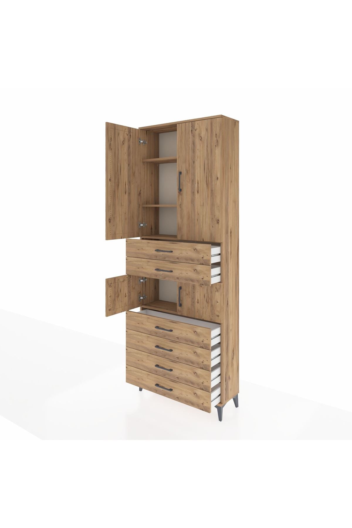 Arges Dolap 4 Raflı 6 Çekmeceli 4 Kapaklı 88x30x243 Çam-Çam