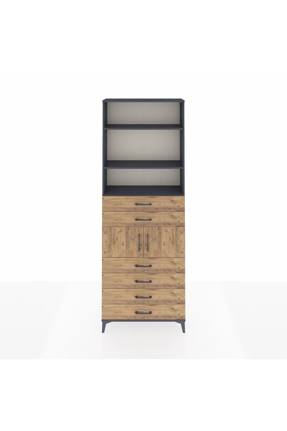 Arges Dolap 4 Raflı 6 Çekmeceli 2 Kapaklı 88x30x243 Antrasit-Çam