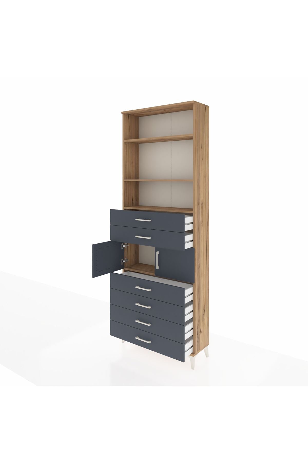 Arges Dolap 4 Raflı 6 Çekmeceli 2 Kapaklı 88x30x243 Çam-Antrasit