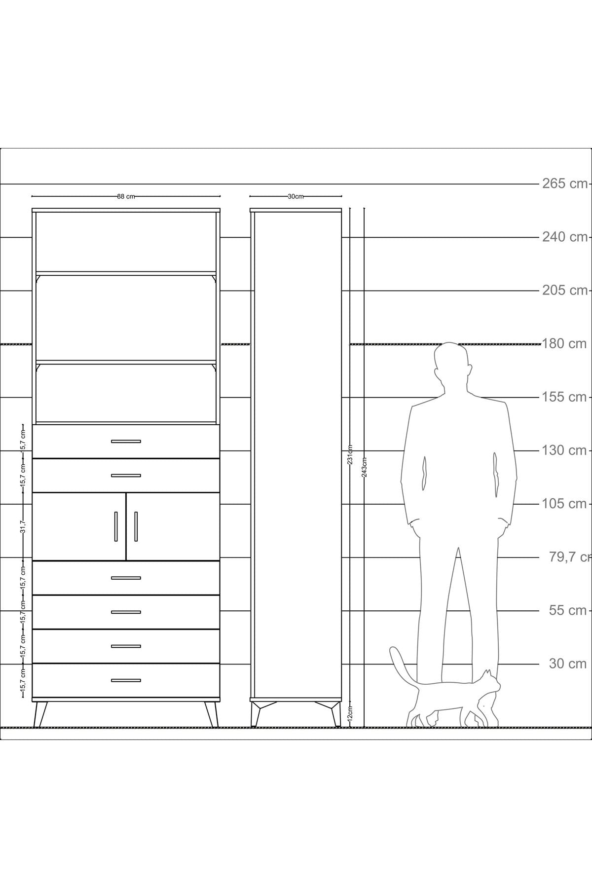 Arges Dolap 4 Raflı 6 Çekmeceli 2 Kapaklı 88x30x243 Çam-Antrasit