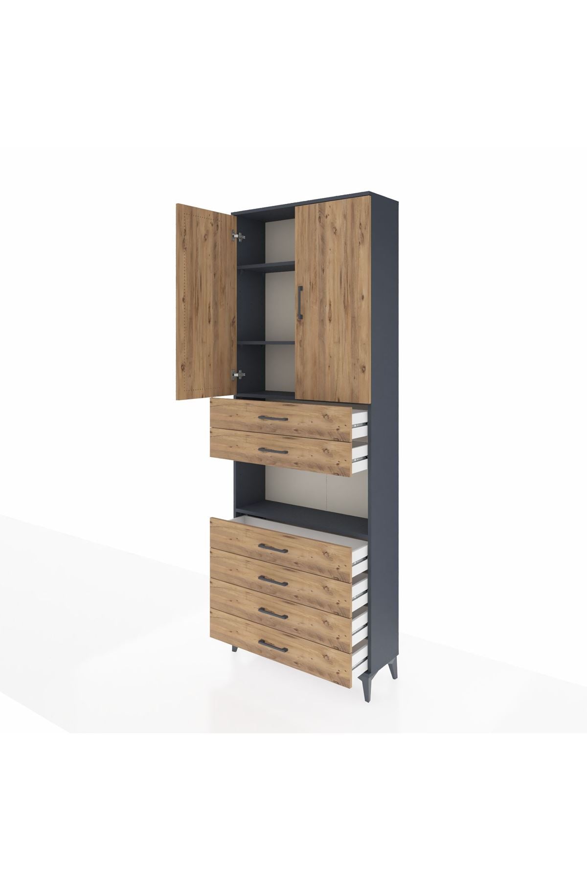 Arges Dolap 4 Raflı 6 Çekmeceli 2 Kapaklı 88x30x243 Antrasit-Çam