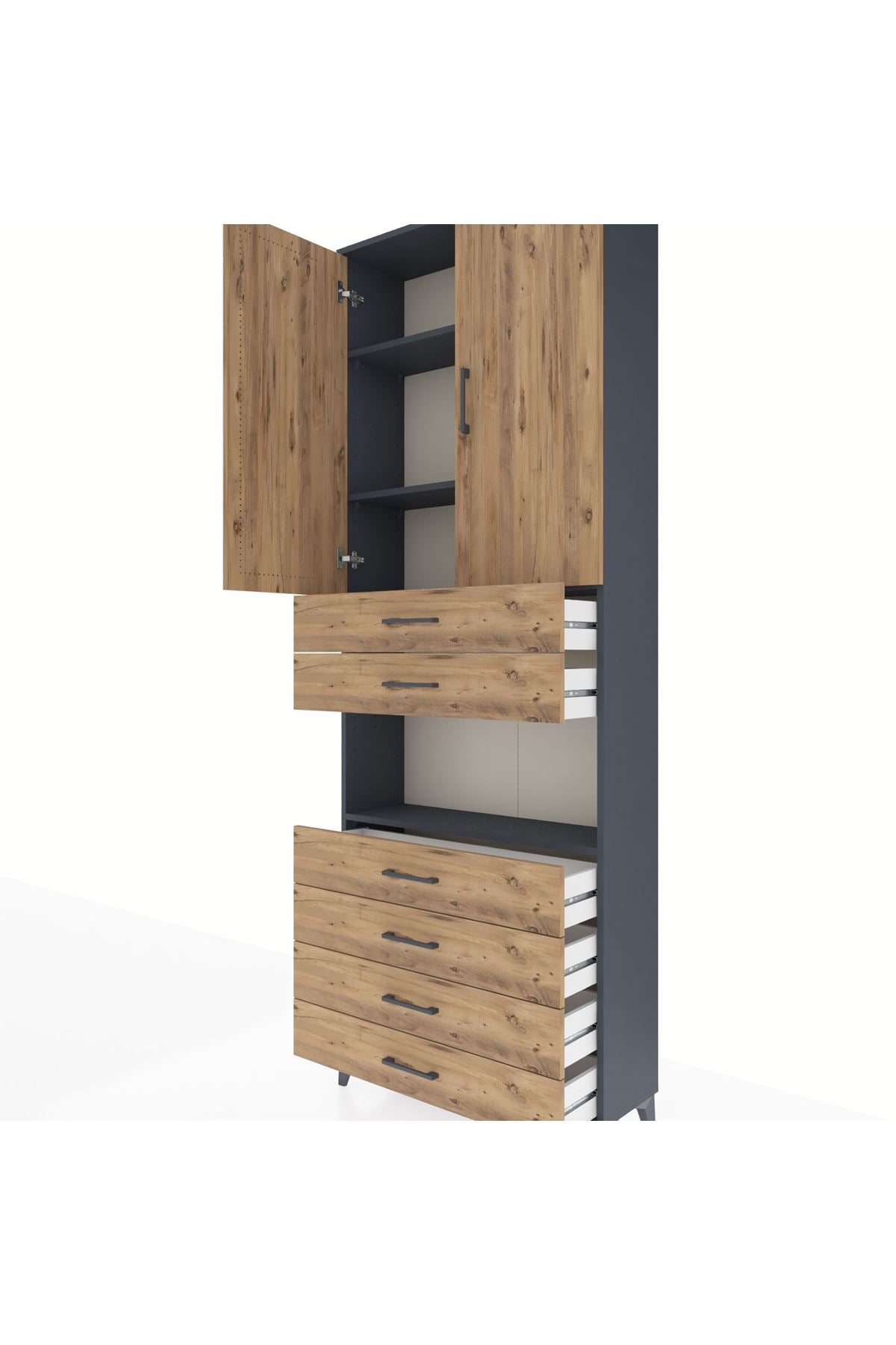 Arges Dolap 4 Raflı 6 Çekmeceli 2 Kapaklı 88x30x243 Antrasit-Çam