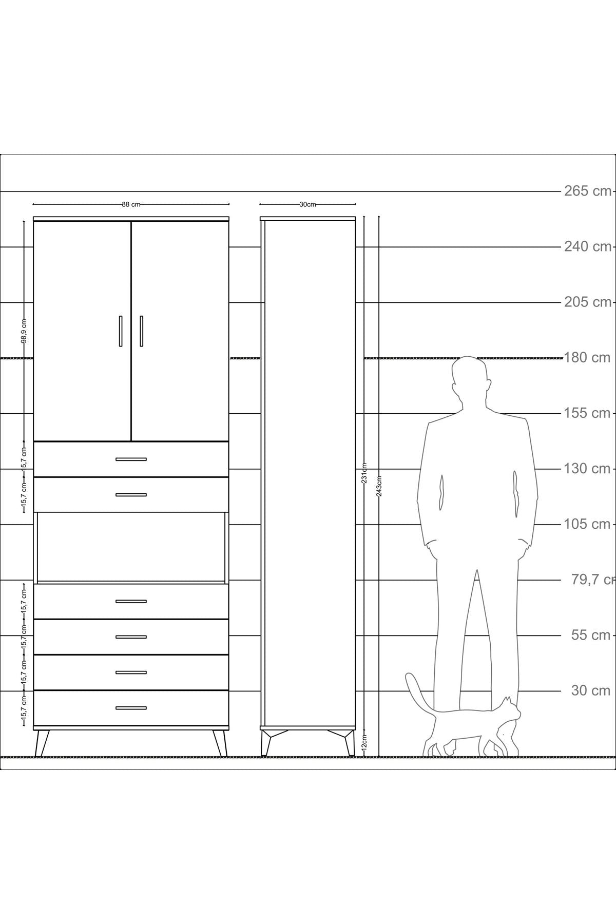 Arges Dolap 4 Raflı 6 Çekmeceli 2 Kapaklı 88x30x243 Antrasit-Çam