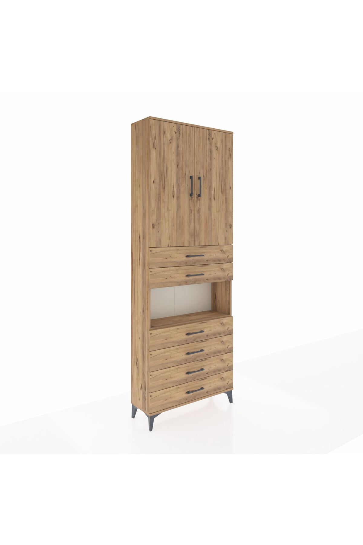 Arges Dolap 4 Raflı 6 Çekmeceli 2 Kapaklı 88x30x243 Çam-Çam