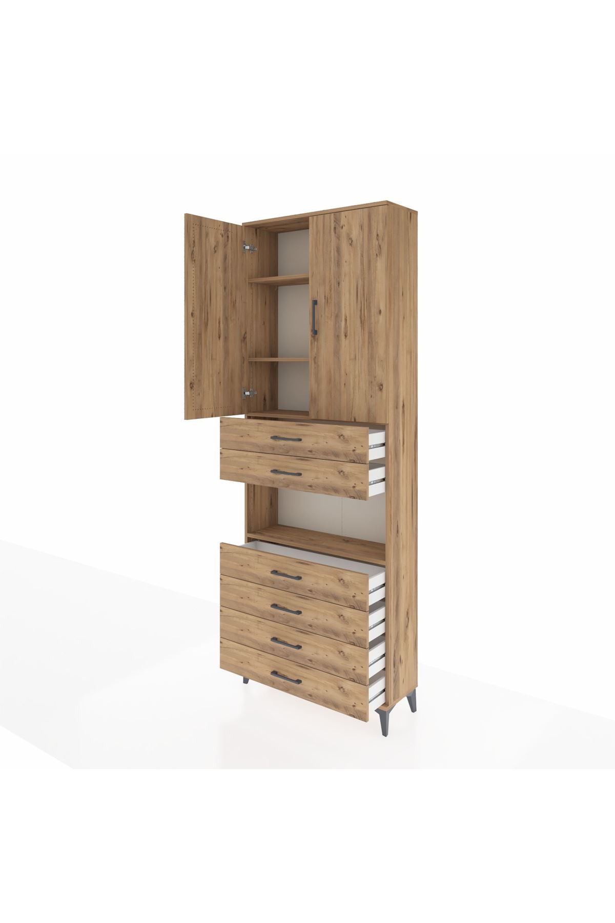 Arges Dolap 4 Raflı 6 Çekmeceli 2 Kapaklı 88x30x243 Çam-Çam