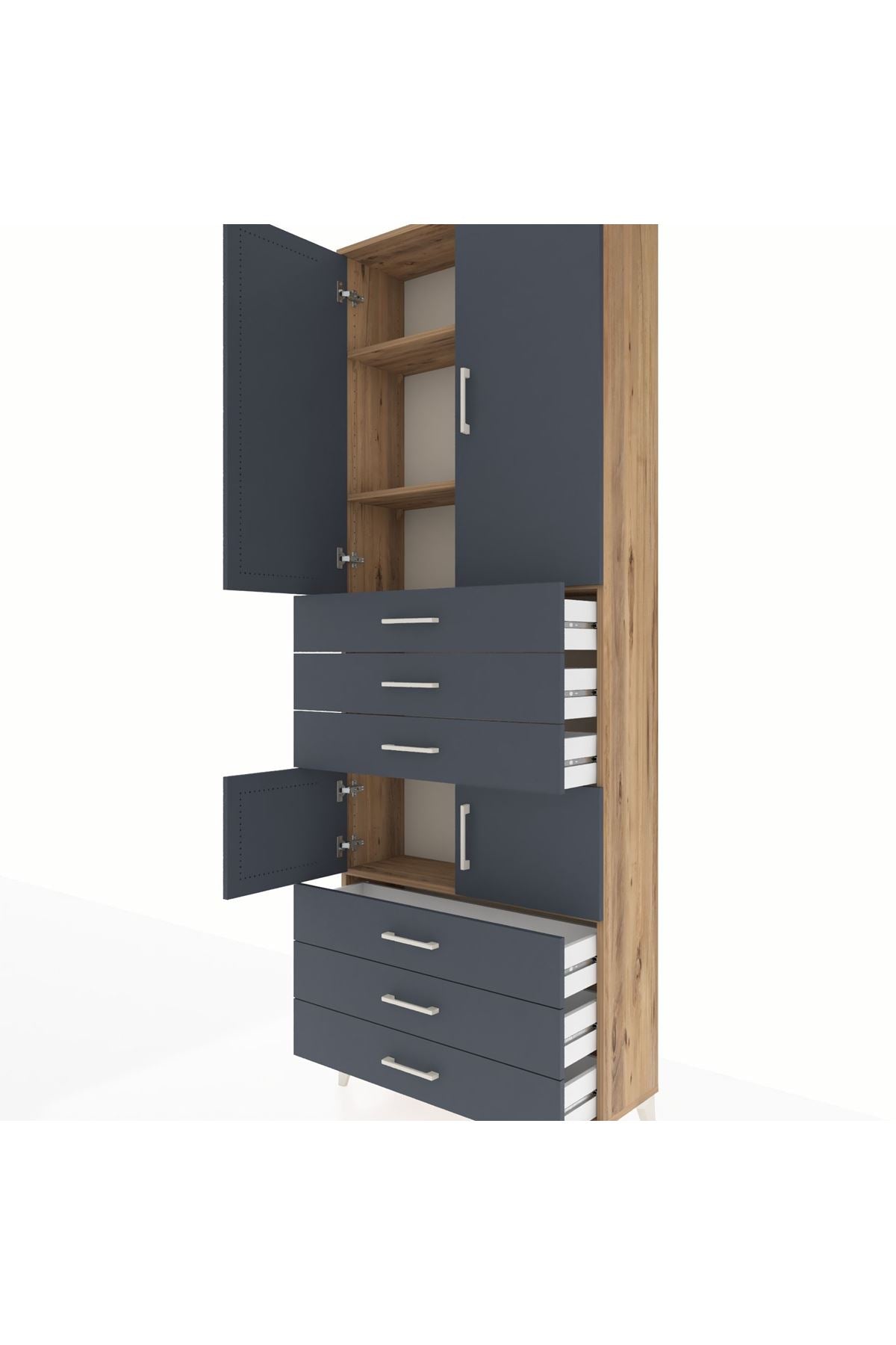 Arges Dolap 4 Raflı 6 Çekmeceli 4 Kapaklı 88x30x243 Çam-Antrasit