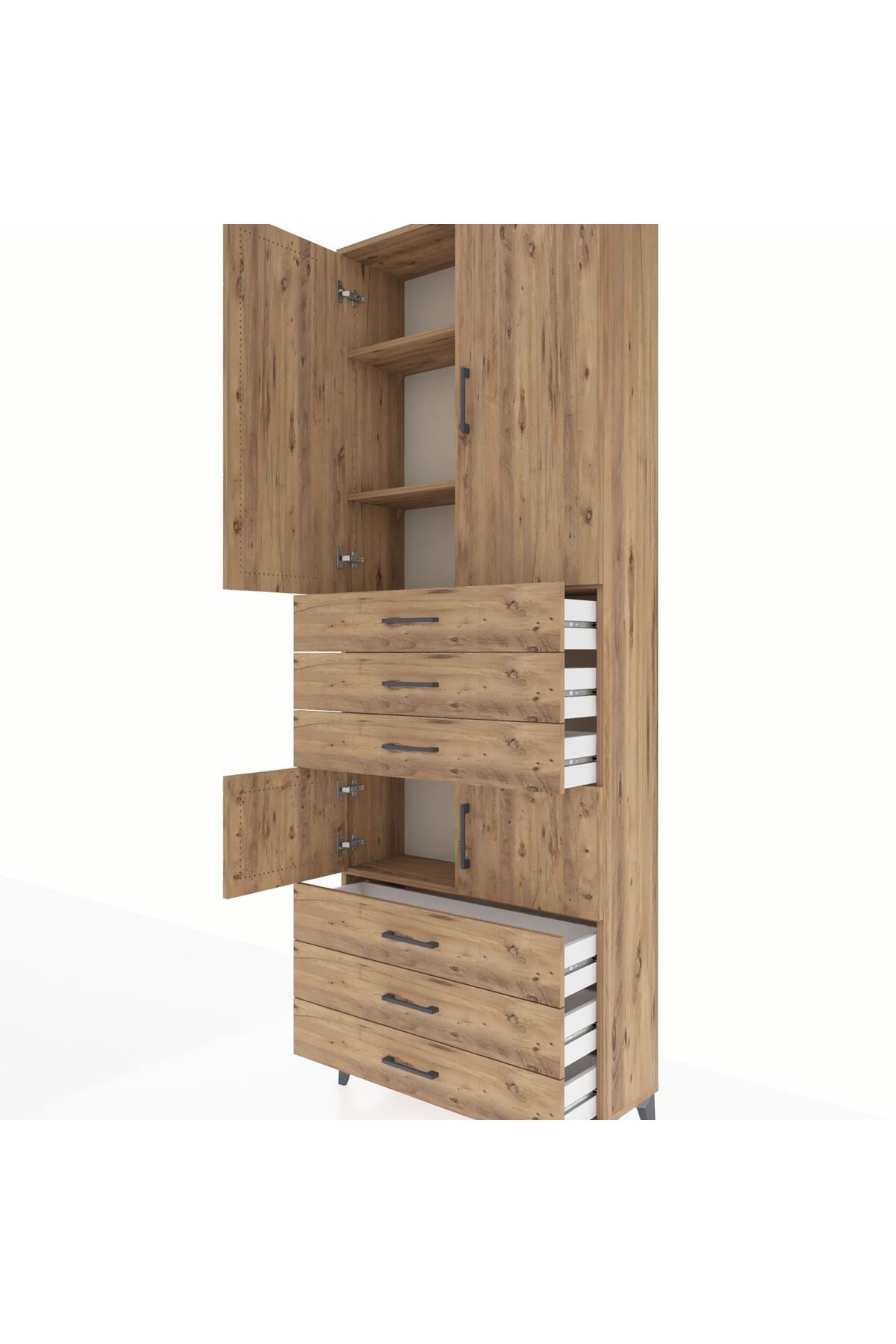 Arges Dolap 4 Raflı 6 Çekmeceli 4 Kapaklı 88x30x243 Çam-Çam