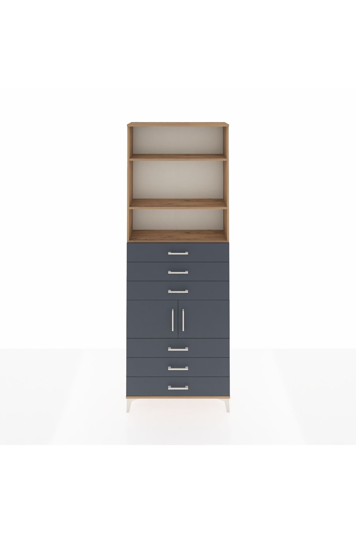 Arges Dolap 4 Raflı 6 Çekmeceli 2 Kapaklı 88x30x243 Çam-Antrasit