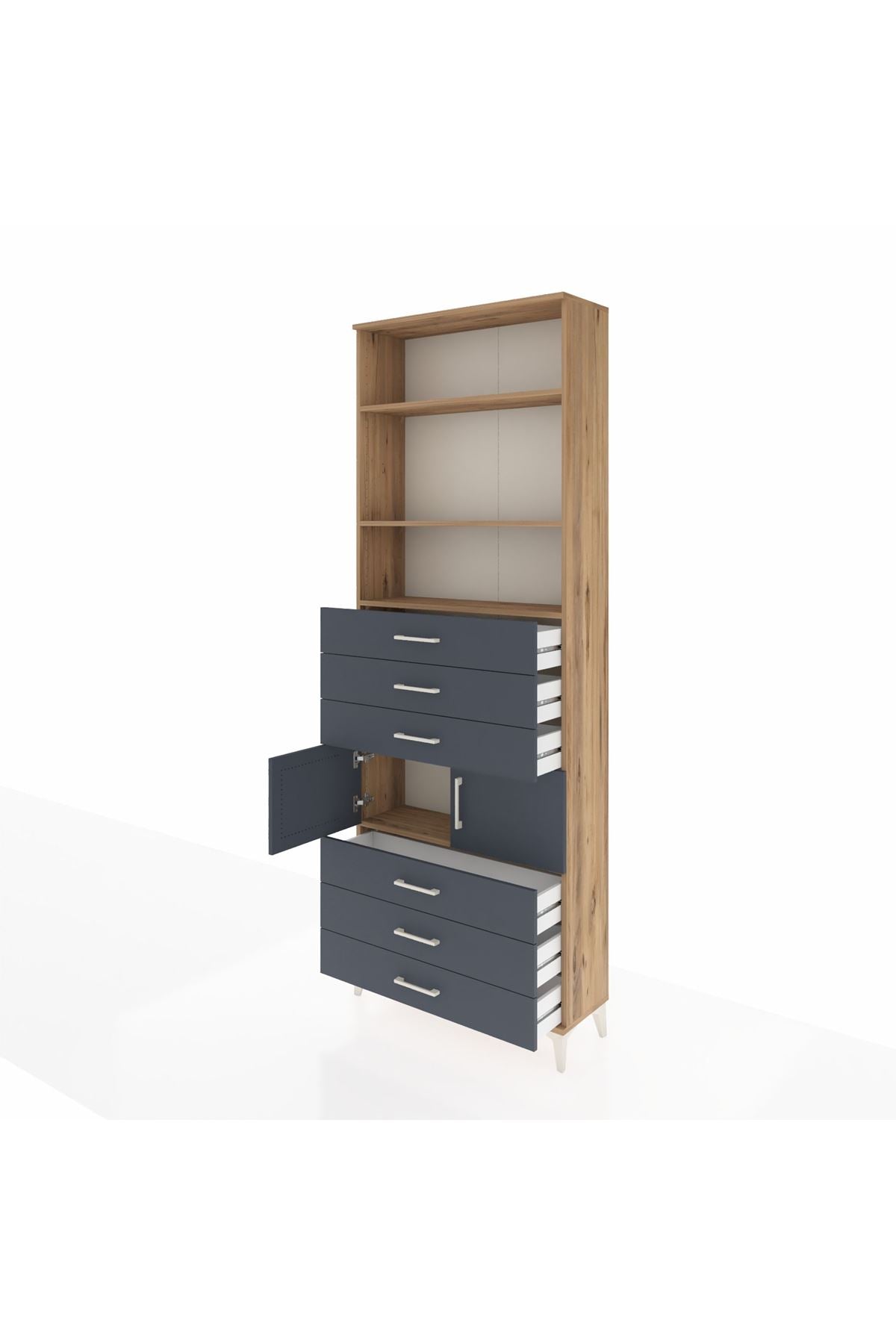 Arges Dolap 4 Raflı 6 Çekmeceli 2 Kapaklı 88x30x243 Çam-Antrasit