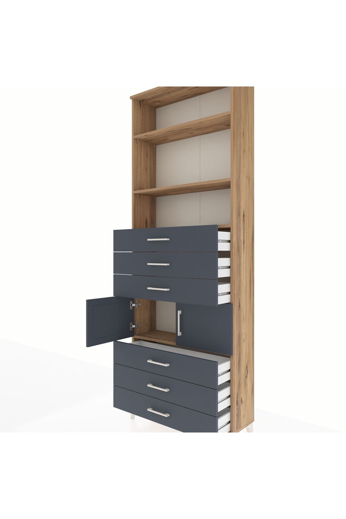 Arges Dolap 4 Raflı 6 Çekmeceli 2 Kapaklı 88x30x243 Çam-Antrasit