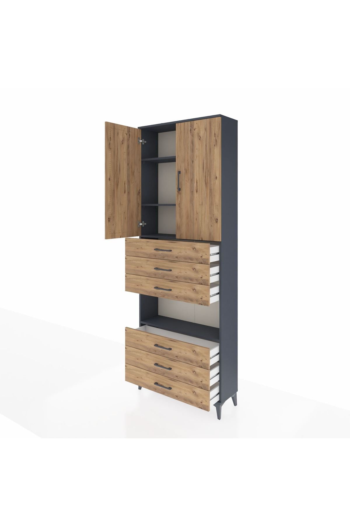 Arges Dolap 4 Raflı 6 Çekmeceli 2 Kapaklı 88x30x243 Antrasit-Çam