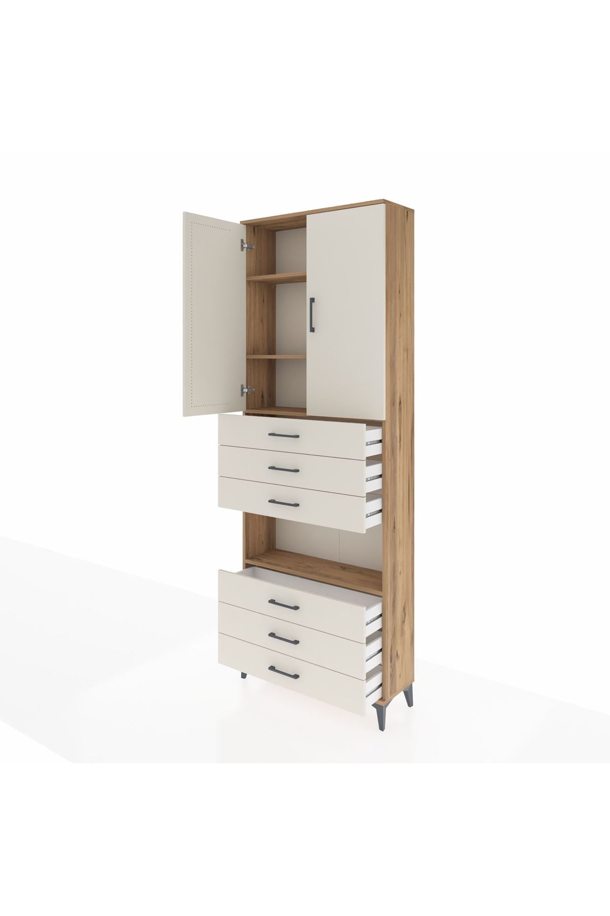 Arges Dolap 4 Raflı 6 Çekmeceli 2 Kapaklı 88x30x243 Çam-Aytaşı