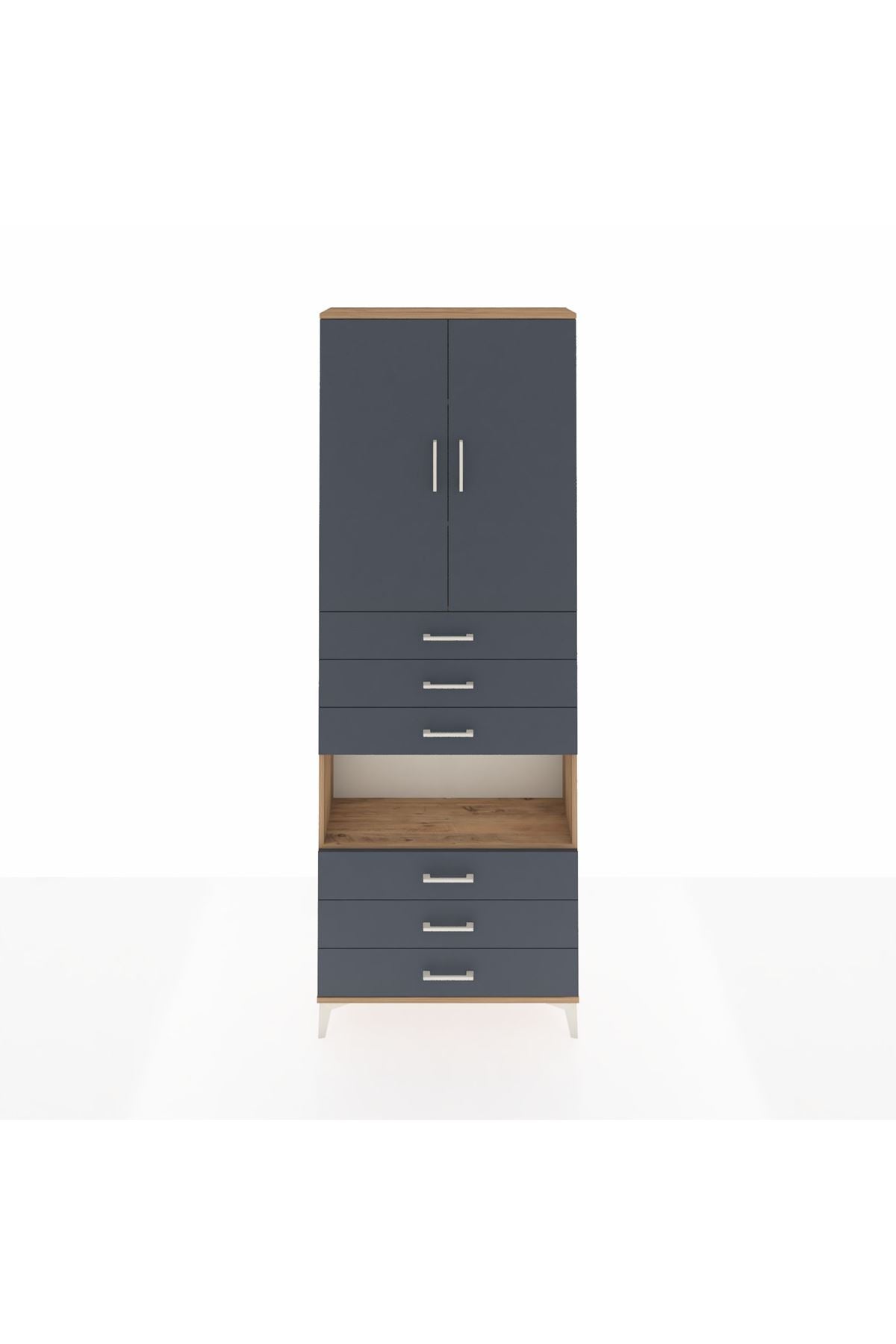 Arges Dolap 4 Raflı 6 Çekmeceli 2 Kapaklı 88x30x243 Çam-Antrasit