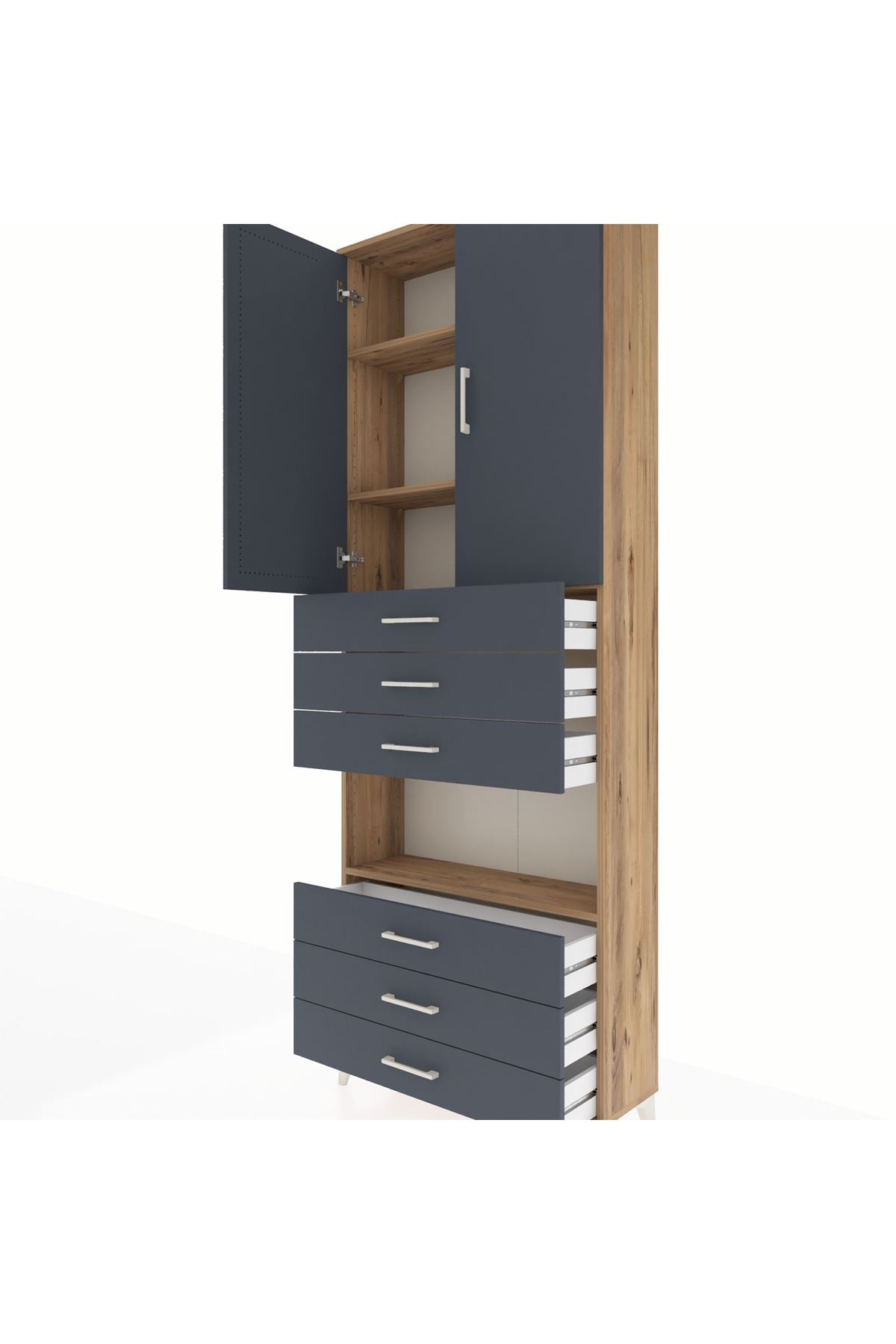 Arges Dolap 4 Raflı 6 Çekmeceli 2 Kapaklı 88x30x243 Çam-Antrasit