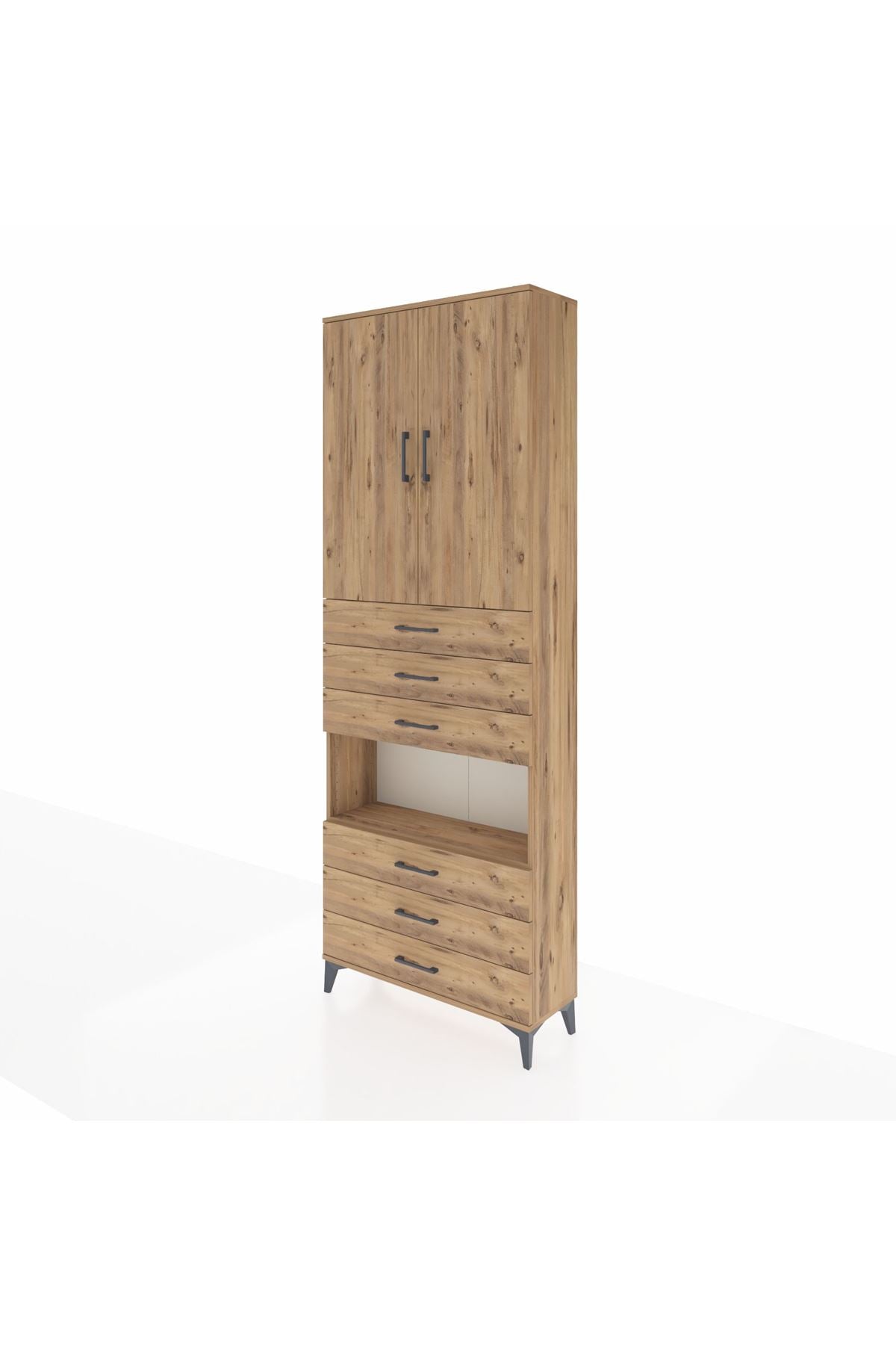 Arges Dolap 4 Raflı 6 Çekmeceli 2 Kapaklı 88x30x243 Çam-Çam