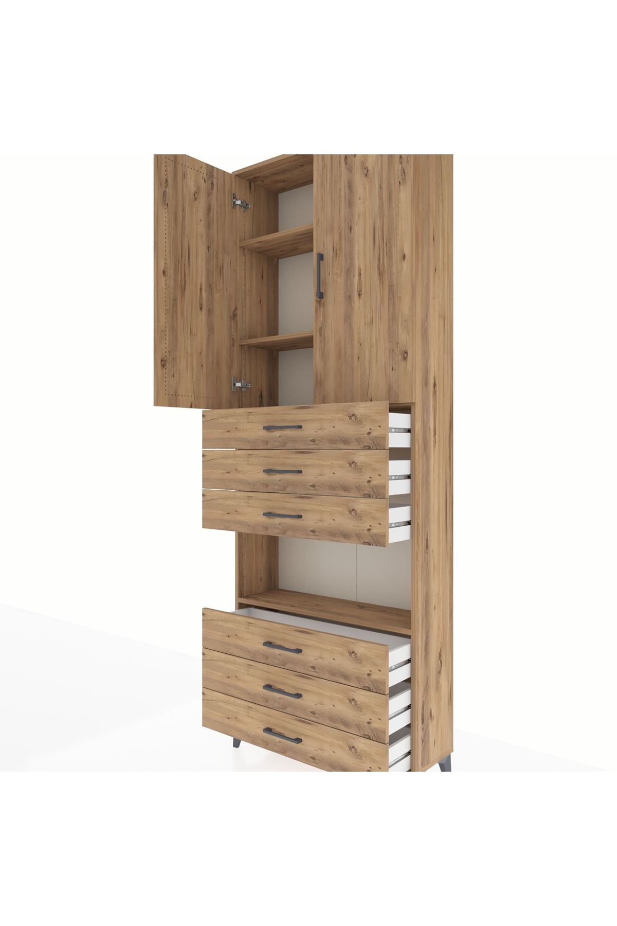 Arges Dolap 4 Raflı 6 Çekmeceli 2 Kapaklı 88x30x243 Çam-Çam