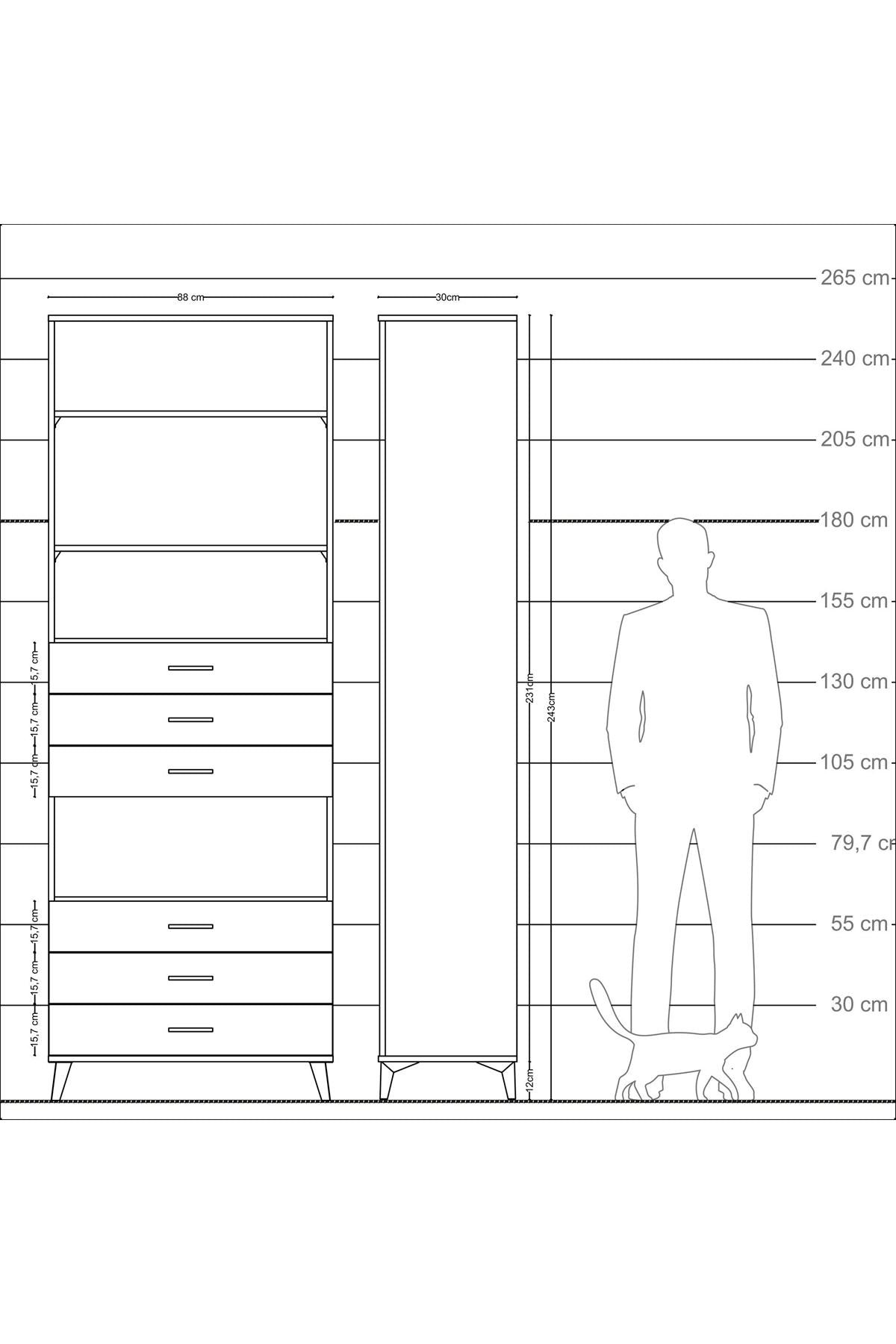 Arges Dolap 4 Raflı 6 Çekmeceli 88x30x243 Çam-Çam