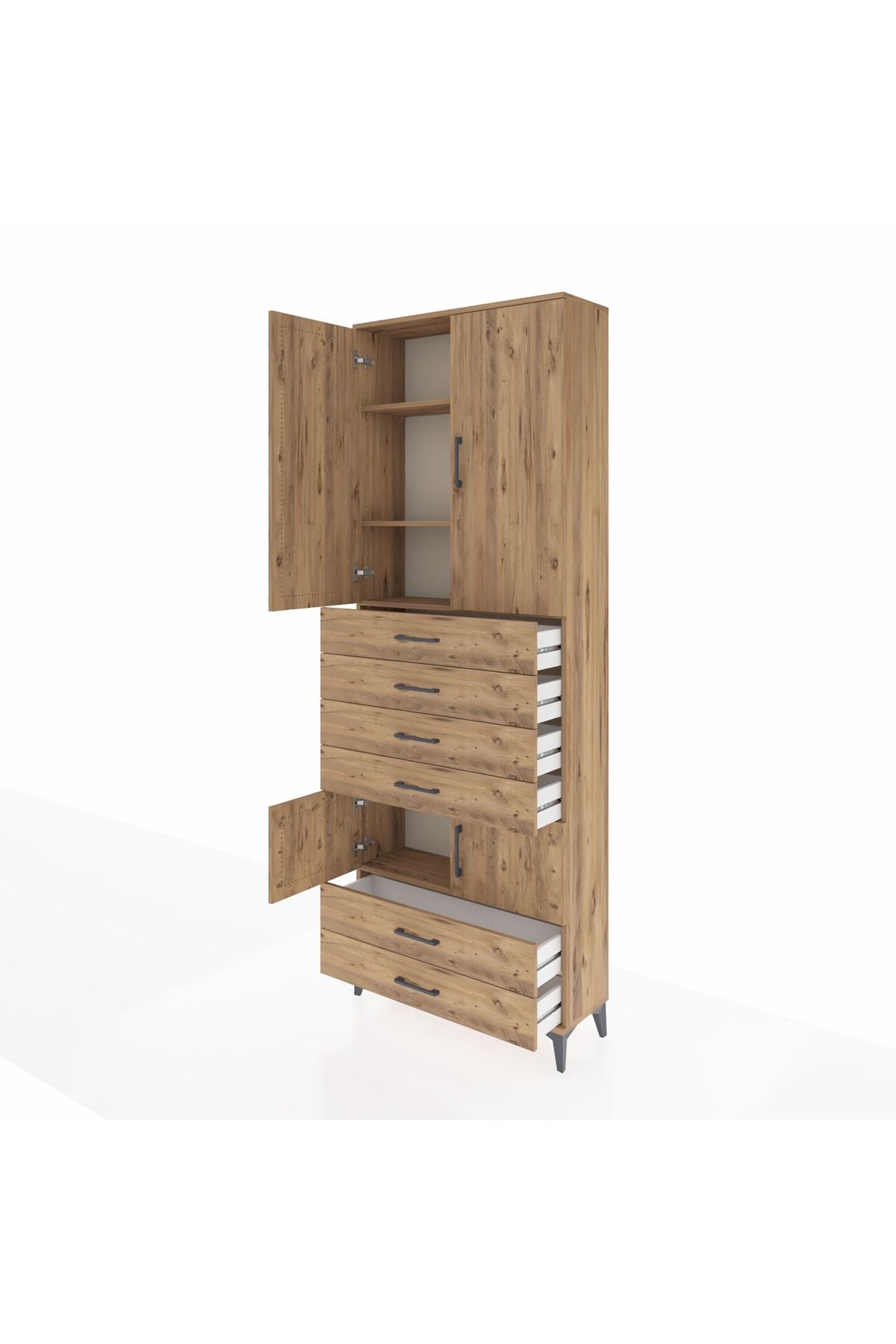 Arges Dolap 4 Raflı 6 Çekmeceli 4 Kapaklı 88x30x243 Çam-Çam