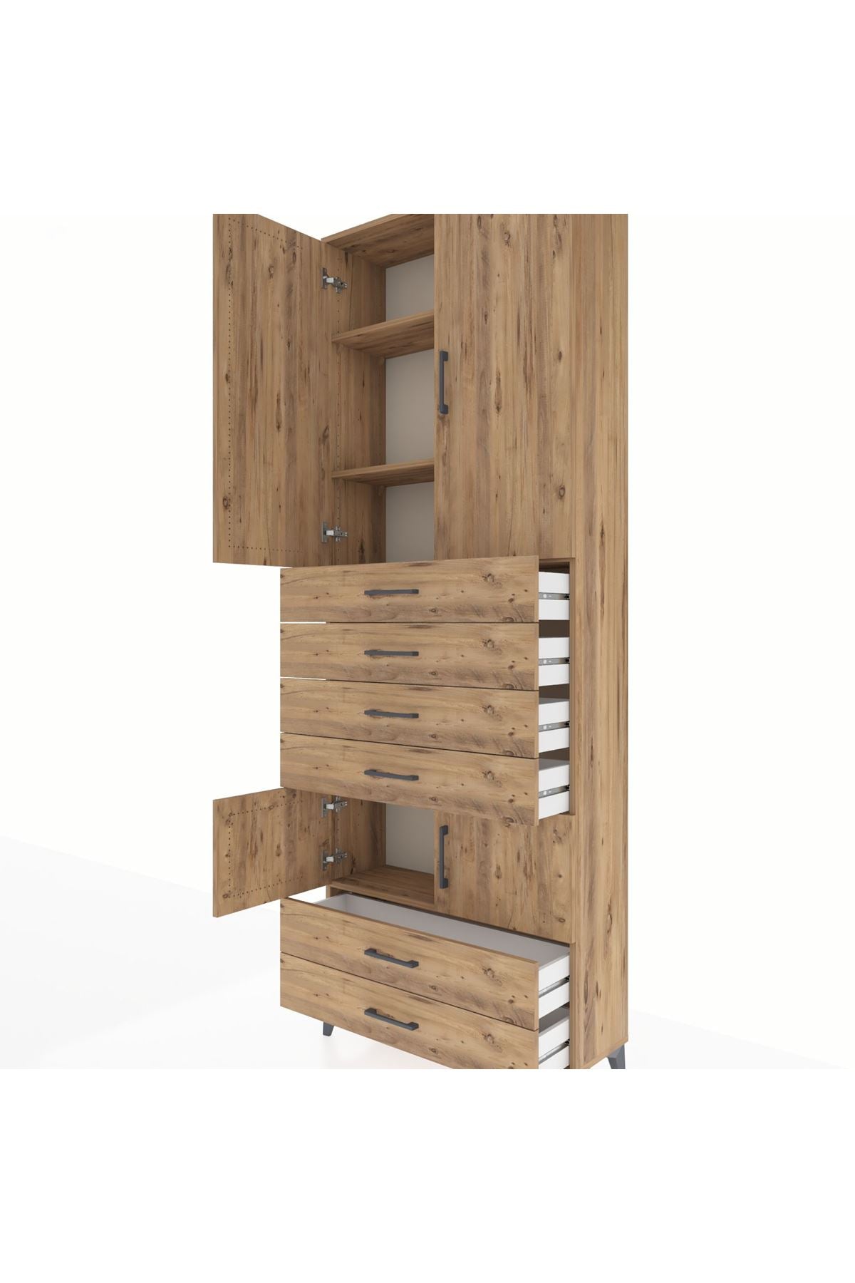 Arges Dolap 4 Raflı 6 Çekmeceli 4 Kapaklı 88x30x243 Çam-Çam