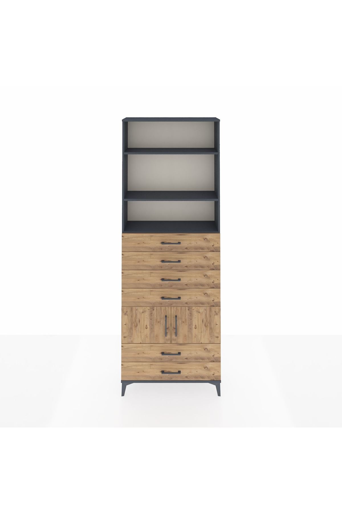 Arges Dolap 4 Raflı 6 Çekmeceli 2 Kapaklı 88x30x243 Antrasit-Çam