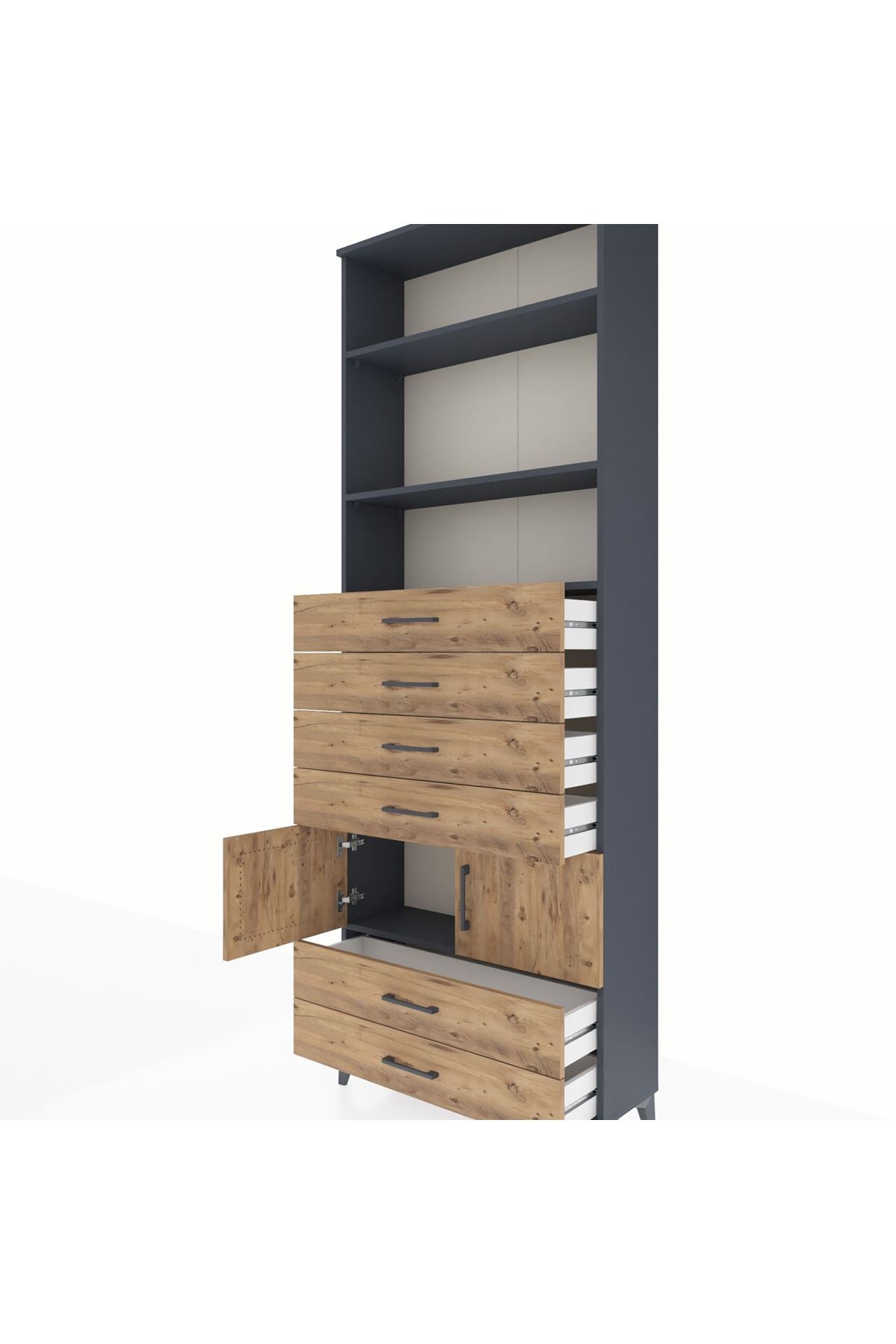 Arges Dolap 4 Raflı 6 Çekmeceli 2 Kapaklı 88x30x243 Antrasit-Çam