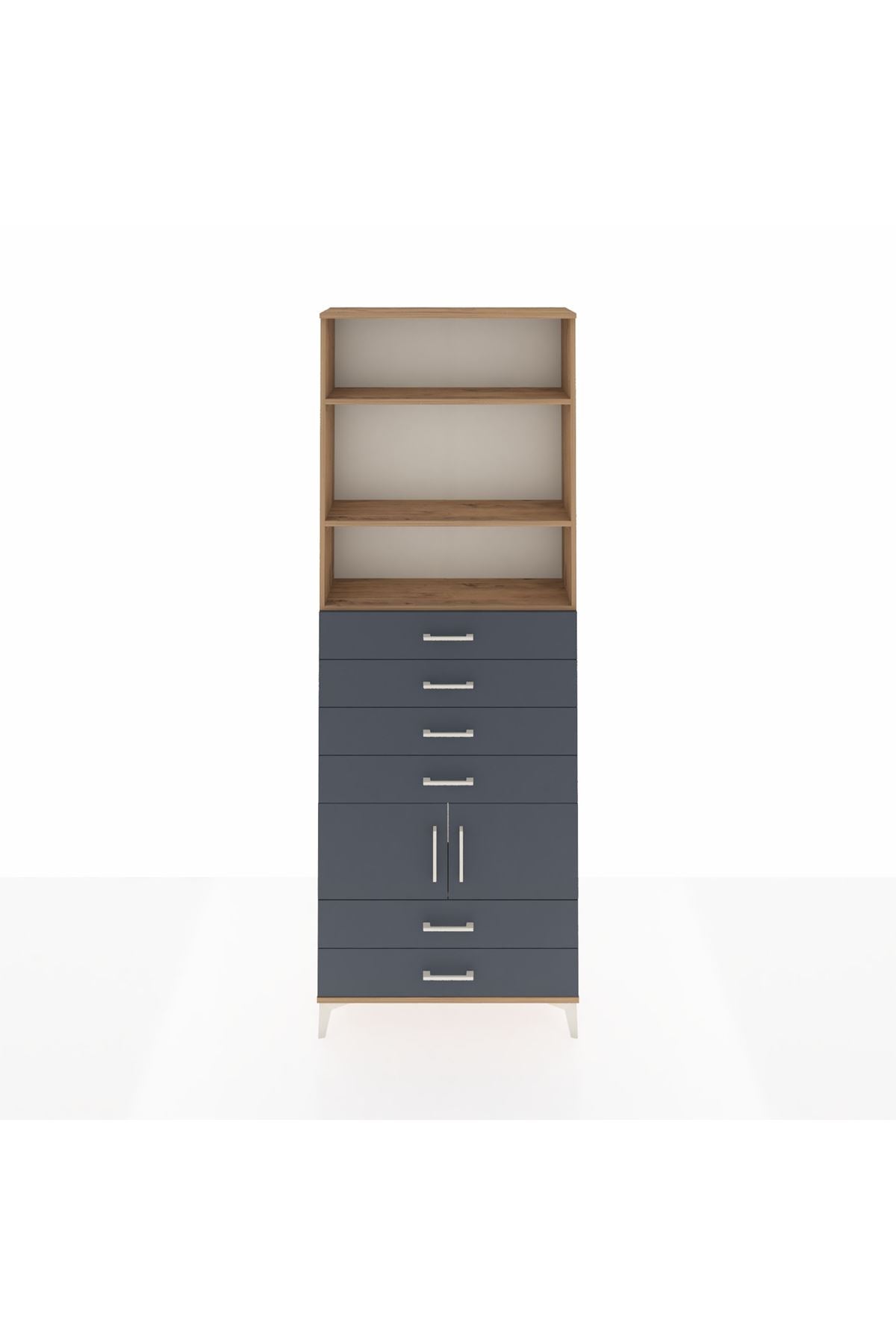 Arges Dolap 4 Raflı 6 Çekmeceli 2 Kapaklı 88x30x243 Çam-Antrasit