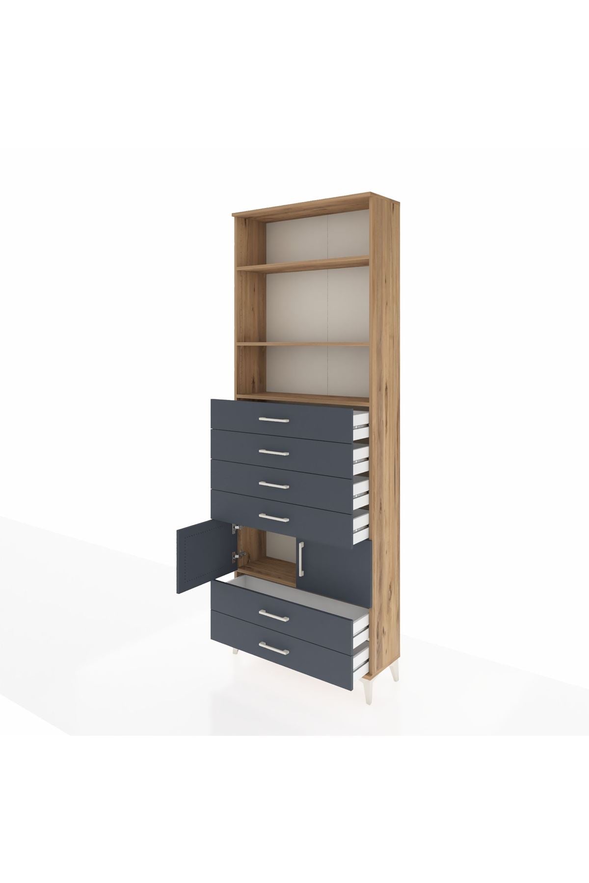 Arges Dolap 4 Raflı 6 Çekmeceli 2 Kapaklı 88x30x243 Çam-Antrasit