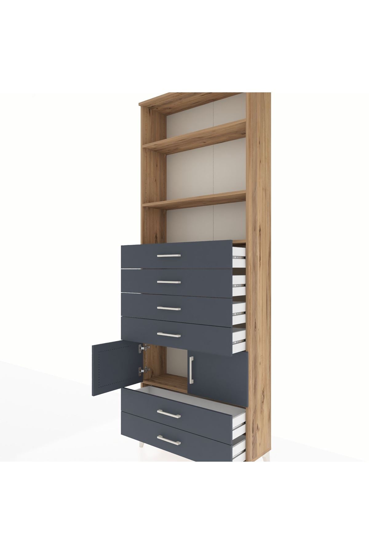 Arges Dolap 4 Raflı 6 Çekmeceli 2 Kapaklı 88x30x243 Çam-Antrasit