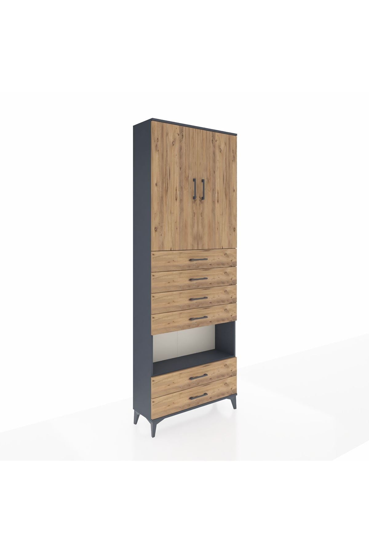 Arges Dolap 4 Raflı 6 Çekmeceli 2 Kapaklı 88x30x243 Antrasit-Çam