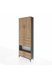 Arges Dolap 4 Raflı 6 Çekmeceli 2 Kapaklı 88x30x243 Antrasit-Çam