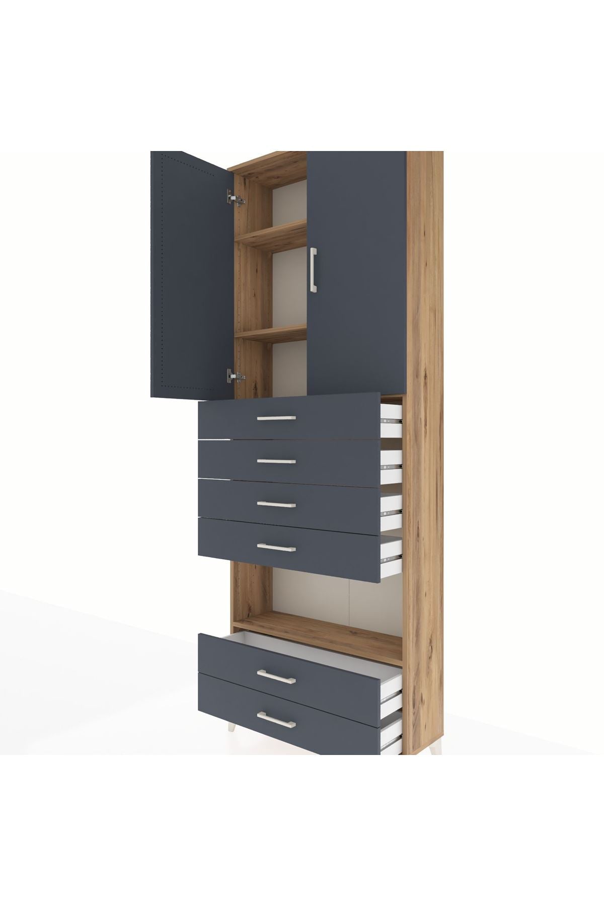 Arges Dolap 4 Raflı 6 Çekmeceli 2 Kapaklı 88x30x243 Çam-Antrasit