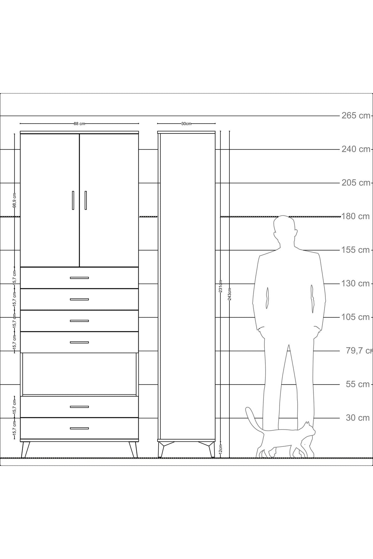 Arges Dolap 4 Raflı 6 Çekmeceli 2 Kapaklı 88x30x243 Çam-Antrasit