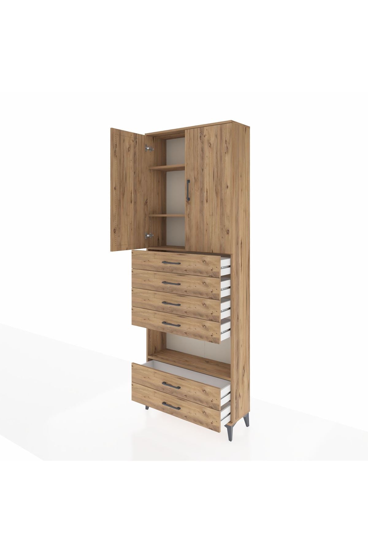 Arges Dolap 4 Raflı 6 Çekmeceli 2 Kapaklı 88x30x243 Çam-Çam