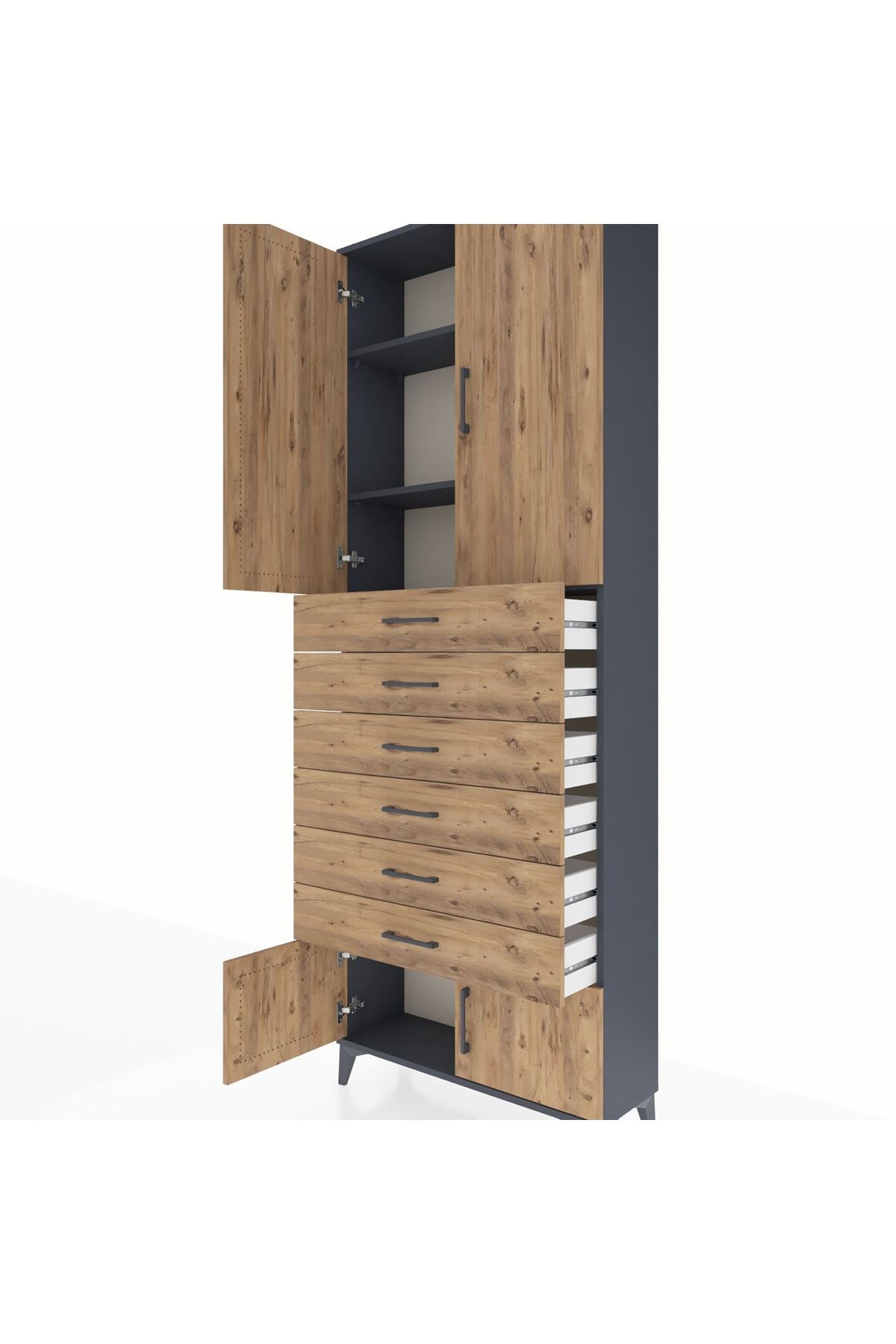 Arges Dolap 3 Raflı 6 Çekmeceli 4 Kapaklı 88x30x243 Antrasit-Çam