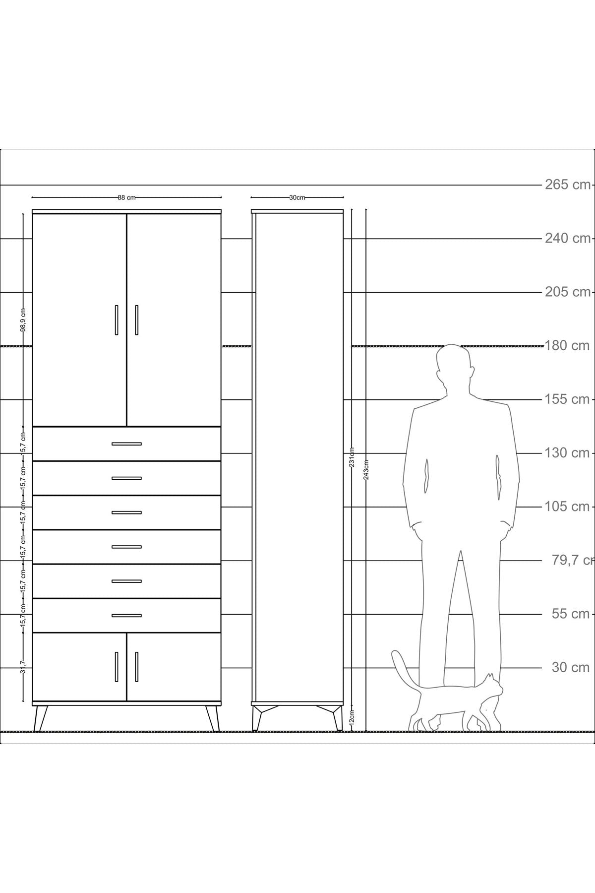 Arges Dolap 3 Raflı 6 Çekmeceli 4 Kapaklı 88x30x243 Antrasit-Çam