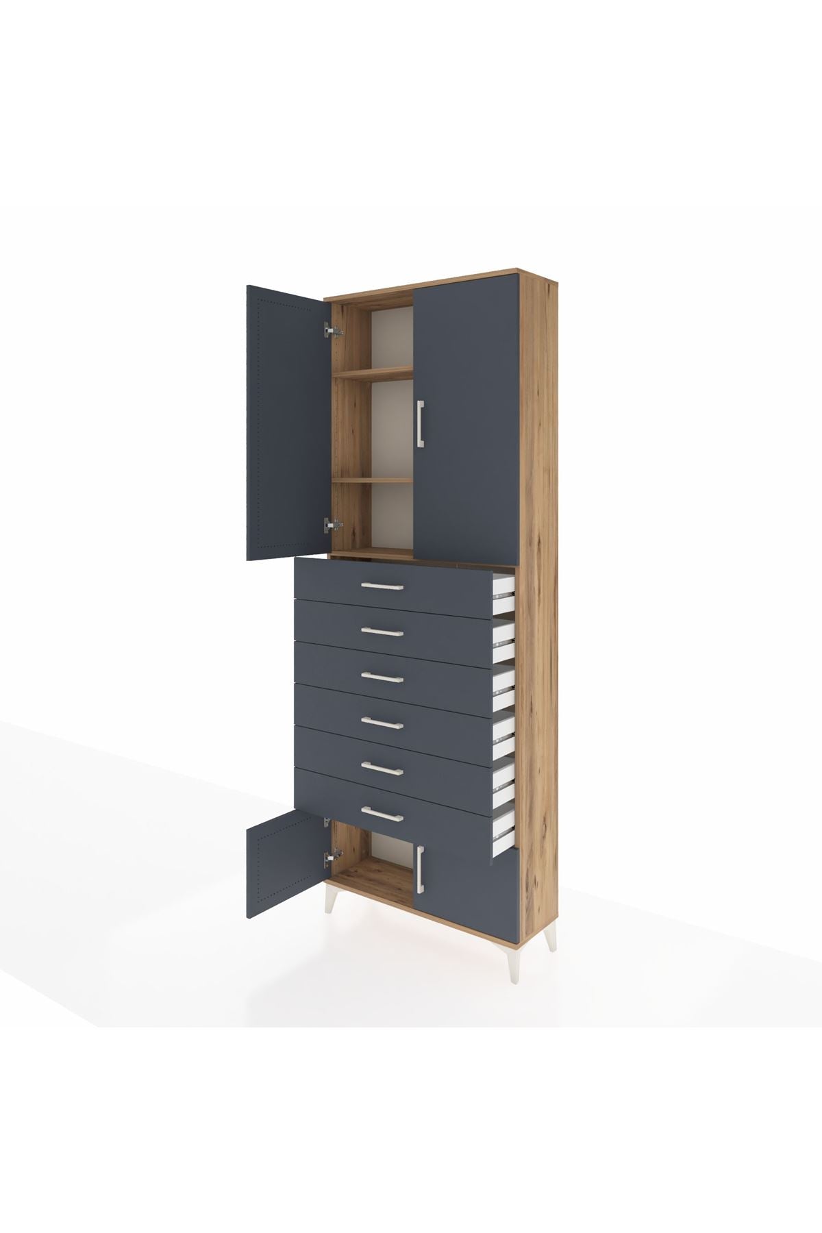 Arges Dolap 3 Raflı 6 Çekmeceli 4 Kapaklı 88x30x243 Çam-Antrasit