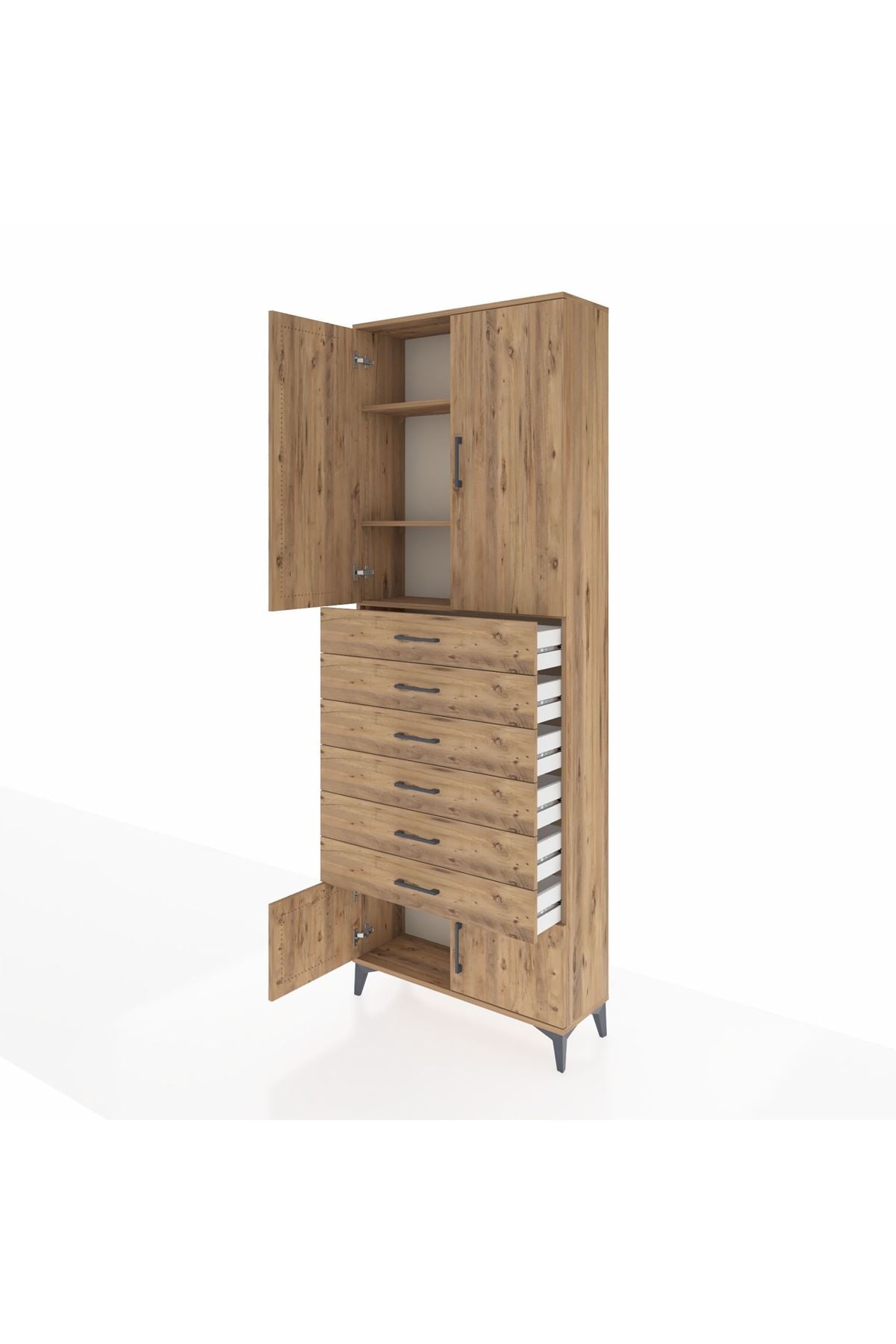 Arges Dolap 3 Raflı 6 Çekmeceli 4 Kapaklı 88x30x243 Çam-Çam