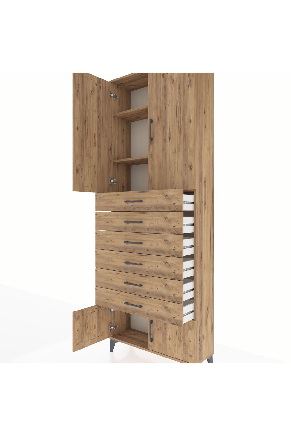 Arges Dolap 3 Raflı 6 Çekmeceli 4 Kapaklı 88x30x243 Çam-Çam