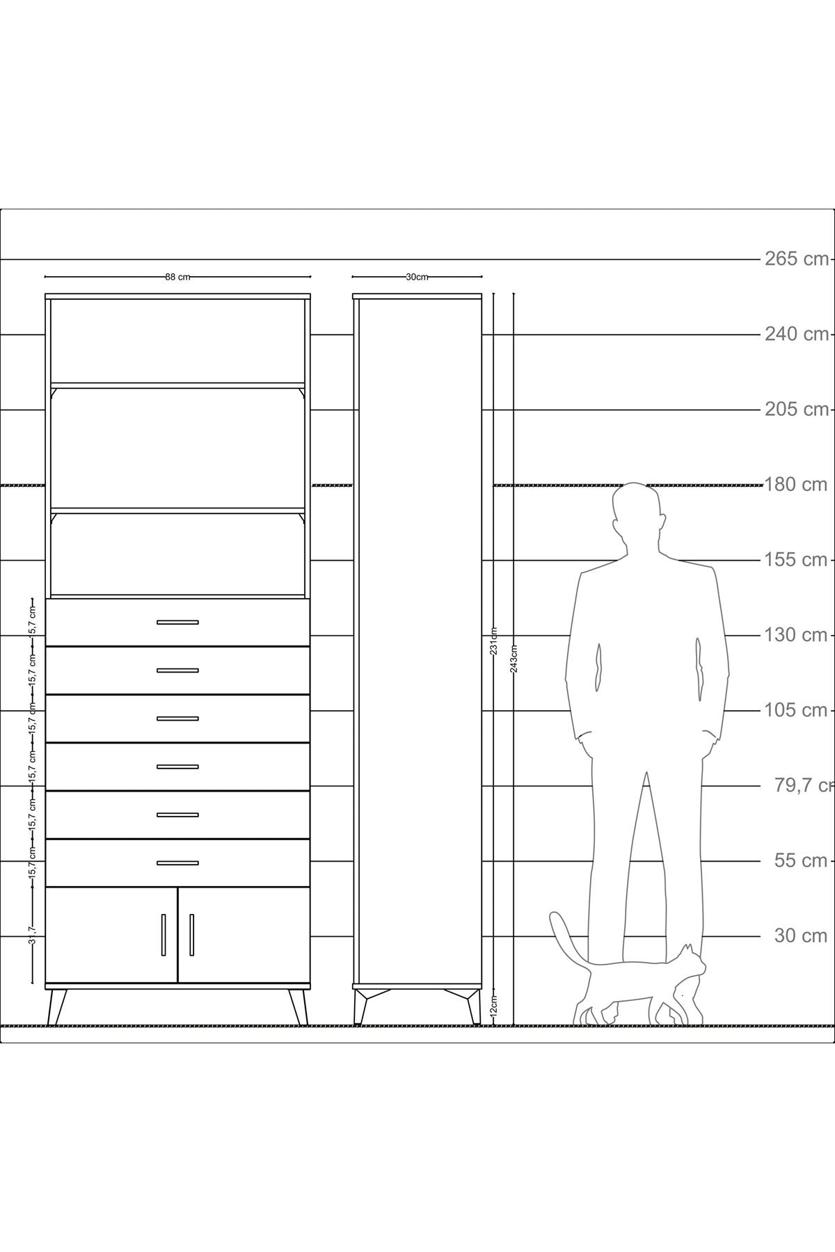 Arges Dolap 3 Raflı 6 Çekmeceli 2 Kapaklı 88x30x243 Antrasit-Antrasit