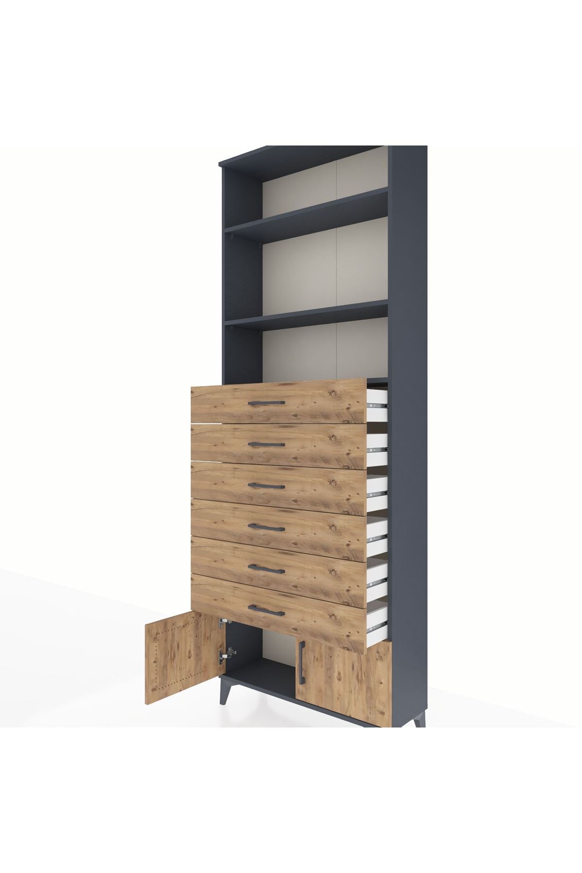 Arges Dolap 3 Raflı 6 Çekmeceli 2 Kapaklı 88x30x243 Antrasit-Çam