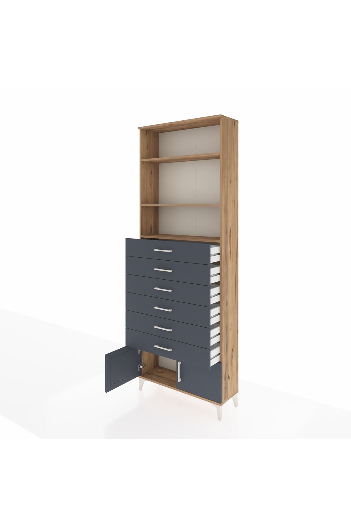 Arges Dolap 3 Raflı 6 Çekmeceli 2 Kapaklı 88x30x243 Çam-Antrasit