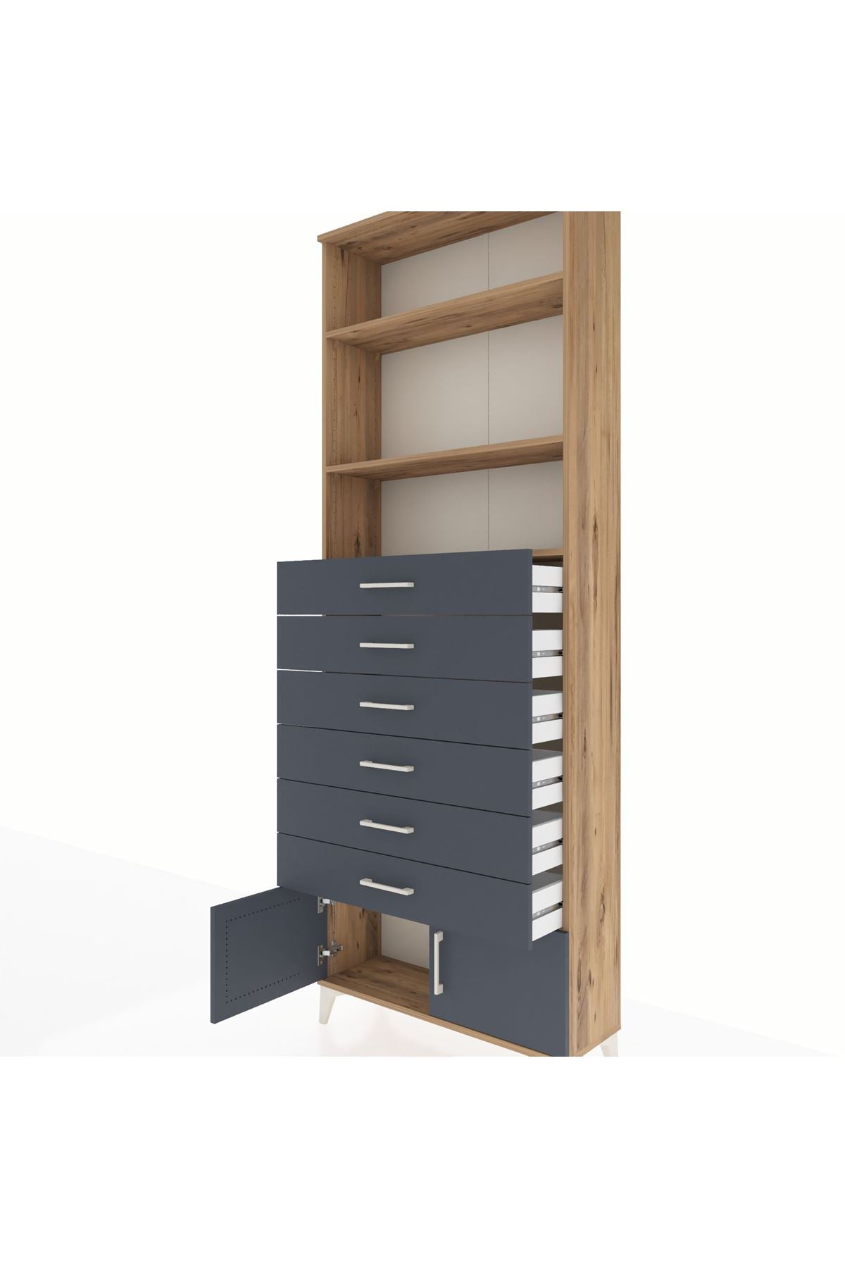 Arges Dolap 3 Raflı 6 Çekmeceli 2 Kapaklı 88x30x243 Çam-Antrasit