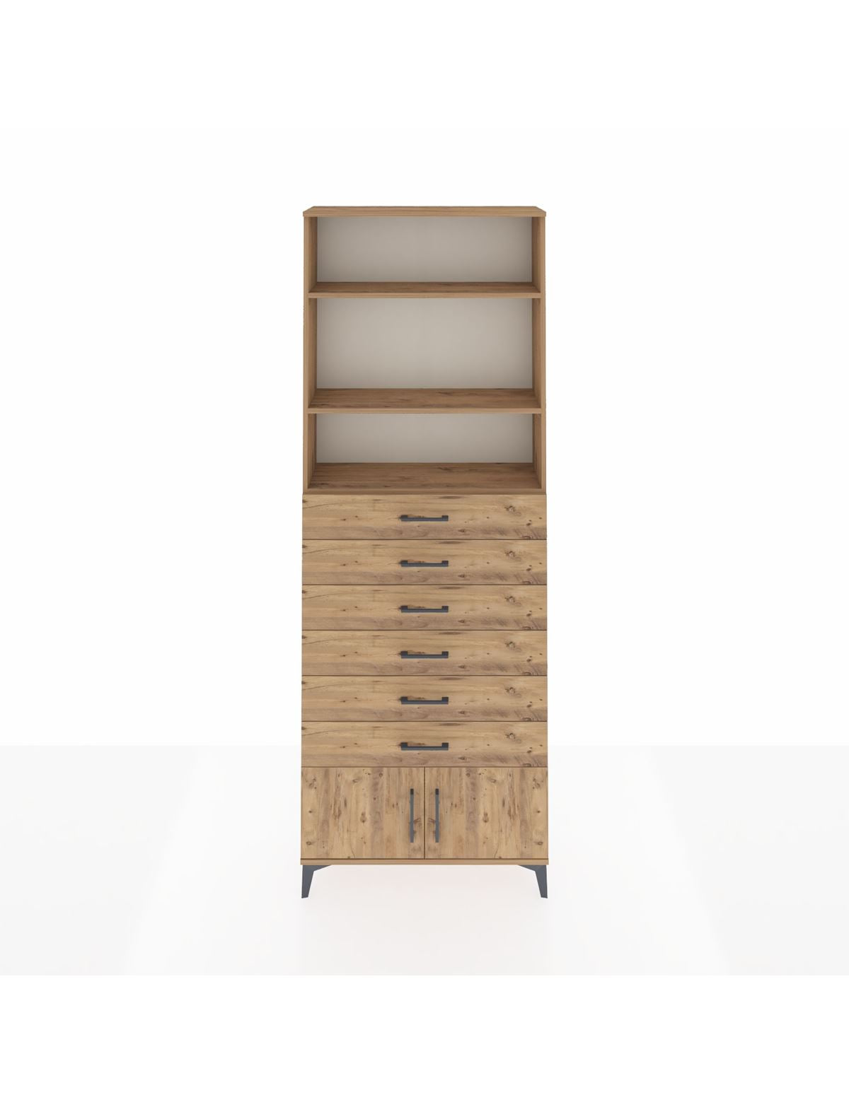 Arges Dolap 3 Raflı 6 Çekmeceli 2 Kapaklı 88x30x243 Çam-Çam