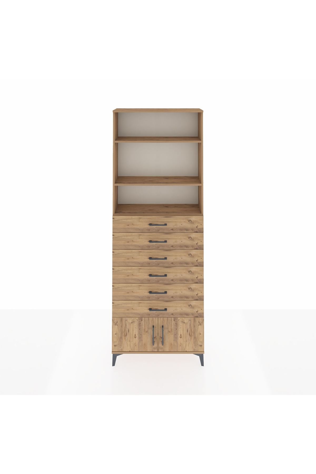 Arges Dolap 3 Raflı 6 Çekmeceli 2 Kapaklı 88x30x243 Çam-Çam