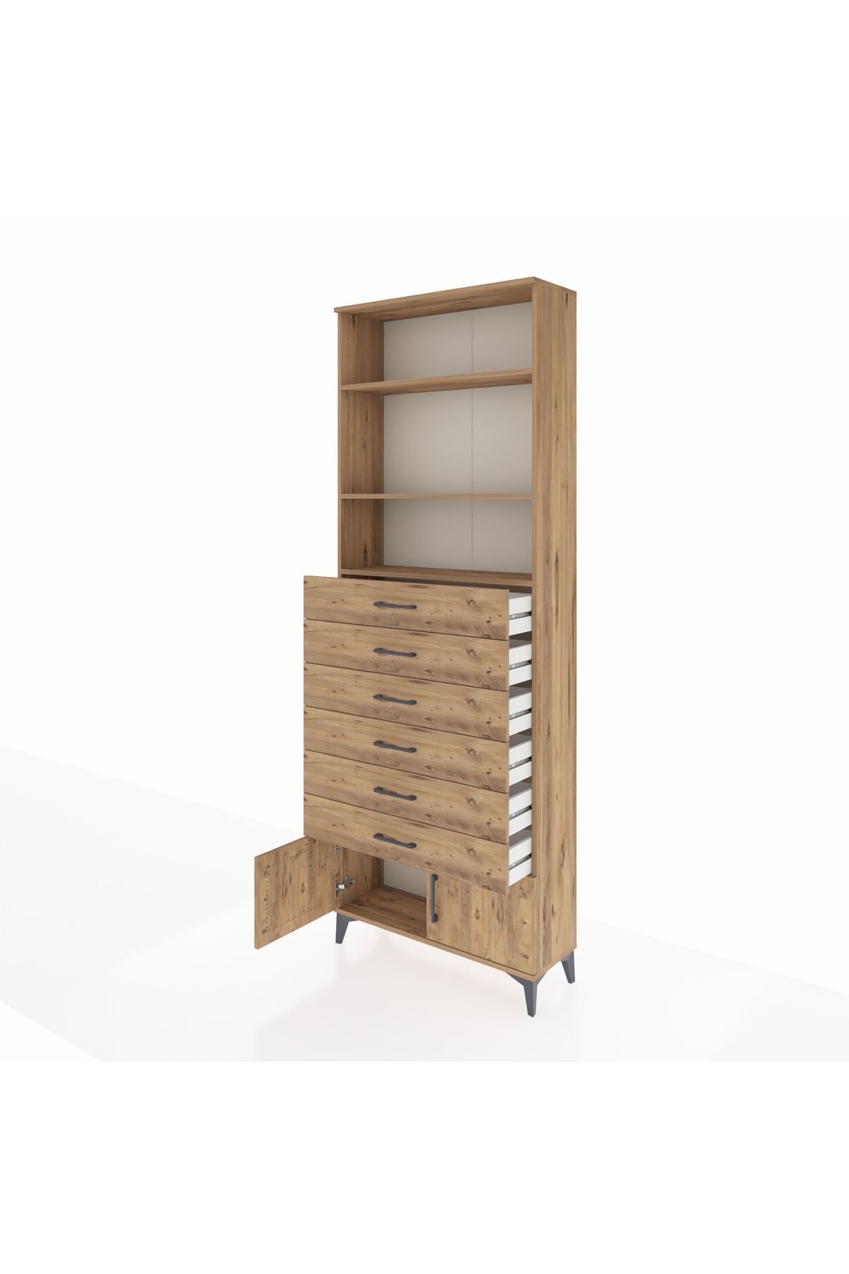 Arges Dolap 3 Raflı 6 Çekmeceli 2 Kapaklı 88x30x243 Çam-Çam